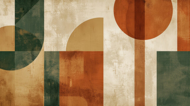 Abstract background in artistic Bauhaus style, combining earth tones of sepia, fern green and copper with organic and geometric shapes