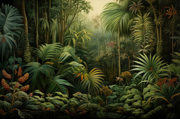 Wallpaper in watercolor style. Jungle landscape. - obrazy, fototapety, plakaty