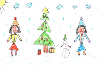 Child drawing. Children play with snow outside christmas tree.Vacation, holiday, New year, Christmas