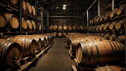 Whiskey bourbon scotch wine barrels in an aging facility. generative, ai.