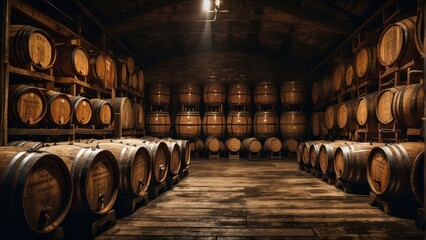 Whiskey bourbon scotch wine barrels in an aging facility. generative, ai. - obrazy, fototapety, plakaty