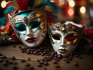 carnival masks on carnival background, purim celebration, mardi gras, masquerade and confetti