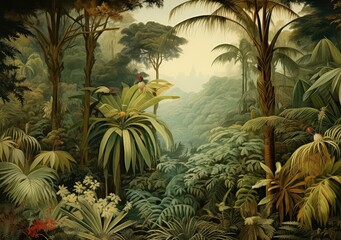 Wallpaper in watercolor style. Jungle landscape.
