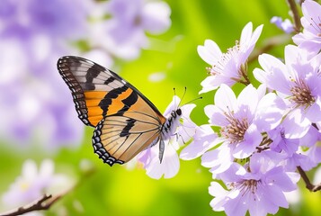 Selective focus shot of a beautiful butterfly sitting on a branch with colorful flower
