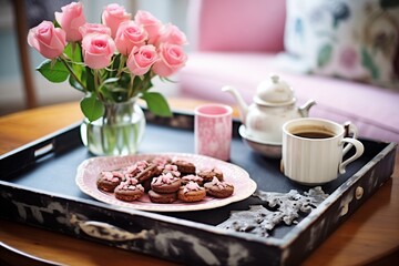 Obraz na płótnie Canvas chocolate cookies, coffee, and pink roses on tray