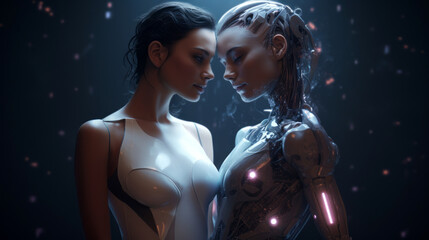 women and female cyborg getting close to each other in a dark room