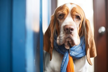 dog with droopy ears wearing a blue scarf sitting by a closed office door - Powered by Adobe