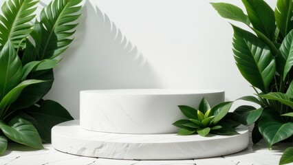 White Stone podium between green plant leaves with space for placing products. generative, ai.