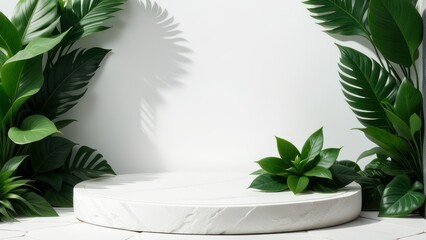 White Stone podium between green plant leaves with space for placing products. generative, ai.