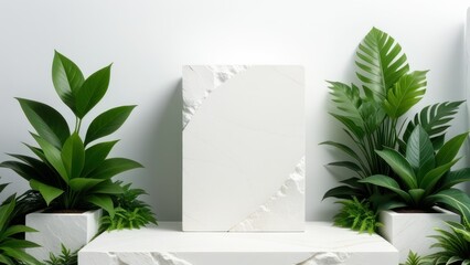 White Stone podium between green plant leaves with space for placing products. generative, ai.