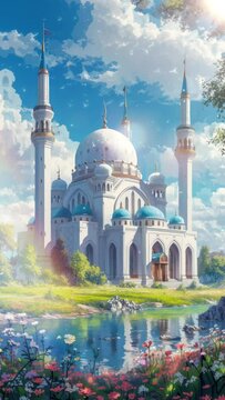 Beautiful mosque building with clear sky and grassland. Cartoon or anime watercolor digital painting illustration style. Seamless looping vertical video animation background. Generative AI