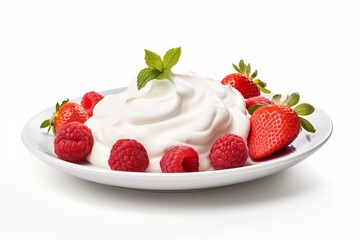 strawberries and raspberries in sour cream on a white plate isolated on a white background table