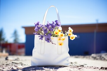 white bag with a bunch of violets on a sunny day