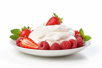 strawberries and raspberries in sour cream on a white plate isolated on a white background table