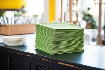 neatly stacked green napkins on a buffet table with plates - Powered by Adobe