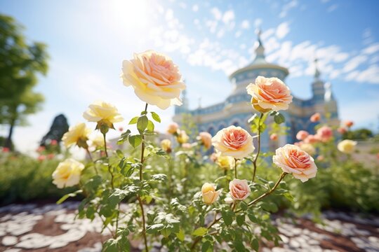 patterned rosebed in full bloom under the sun