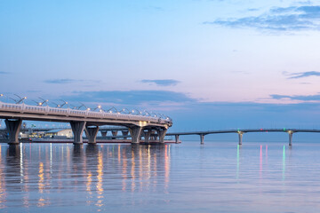 Yacht Bridge and Western High Speed Diameter at sunset. Saint Petersburg