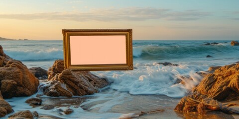 A wooden frame for a billboard stands on a rock on the seashore. In the background, a colorful sky at sunset.