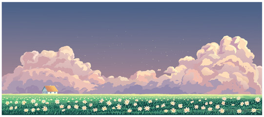 Landscape with lonery house in the field with flowers, against the background of huge clouds in the evening sunlight. Vector illustration.