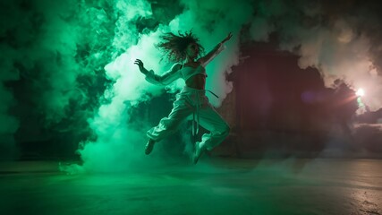 Dance in Flight, An energetic leap frozen in silhouette, embodying the spirit of a passionate hip-hop performance on a vivid saturated green neon background. Generative AI.
