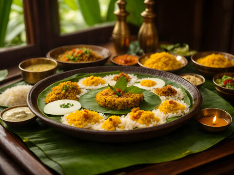 Banana leaf food table, rice, onam sadhya festival, onam sadya celebration