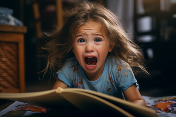 child girl boy reading a book crying hysterically screaming difficulty learning emotions homework...