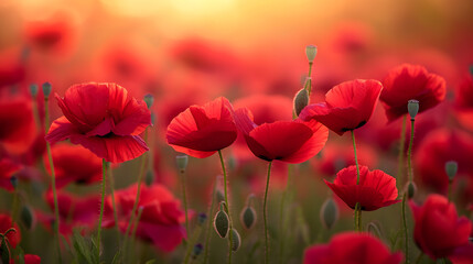 Fototapeta premium A photo of blooming poppy fields, with vibrant red blossoms as the background, during a sun-drenched afternoon