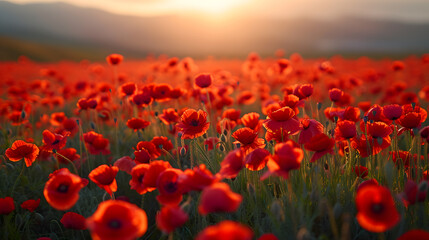 A photo of blooming poppy fields, with vibrant red blossoms as the background, during a sun-drenched afternoon