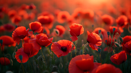 A photo of blooming poppy fields, with vibrant red blossoms as the background, during a sun-drenched afternoon