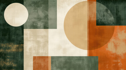 Abstract background in trendy Bauhaus style, combining sandy beige earth tones, forest green and burnt sienna with geometric shapes and bold lines