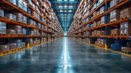 Fototapeta premium blurred warehouse on light bokeh background, transporting cargo boxes - AI generated image