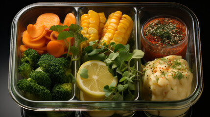 Healthy food from different components laid out in cells in a lunch box, top view.