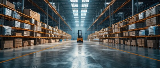 big warehouse with high racks, narrow aisles, warehouse, perspective view with a supervisor monitoring in between the aisle.Generative AI