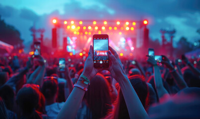 Fototapeta na wymiar People holding smart phone and recording and photographing in music festival concert, event background concept.Generative AI
