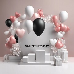 Happy Valentine's Day 3d design. Realistic colorful gifts and balloons. Decorative festive object. Holiday template design cover with pink background. 