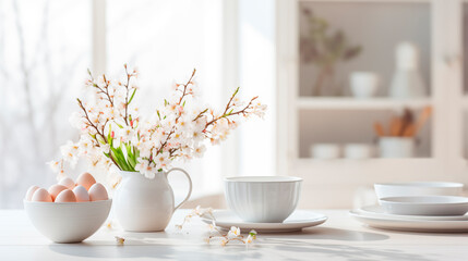 Photo of a light white kitchen, dishes with Easter eggs on the table, morning. Flowers in a vase, white dishes and fresh eggs, a healthy breakfast - obrazy, fototapety, plakaty