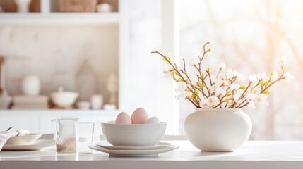 Fototapeta na wymiar Photo of a light white kitchen, dishes with Easter eggs on the table, morning. Flowers in a vase, white dishes and fresh eggs, a healthy breakfast