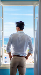 Fototapeta na wymiar Asian businessman looking out office window.Generative AI