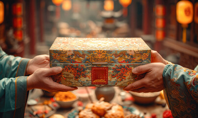 oldman handing a red rich elegantly wrapped gift box to another for Chinese new year celebration Generative AI