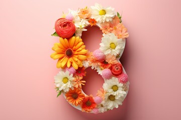 The number 8 with flowers on a pink background. International Women's day concept (8th of March).