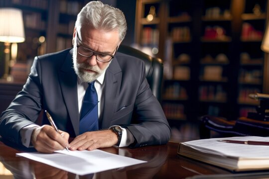 Handsome Businessman Holding Paper Documents Working In Modern Office. Portrait Of Pensive Senior Manager Wearing Formal Clothing Looking At Camera Sitting At Workplace. Successful Business