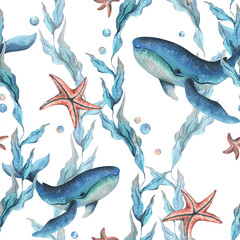 Underwater world clipart with sea animals whale, starfish, bubbles and algae. Hand drawn watercolor illustration. Seamless pattern on a white background © NATASHA-CHU
