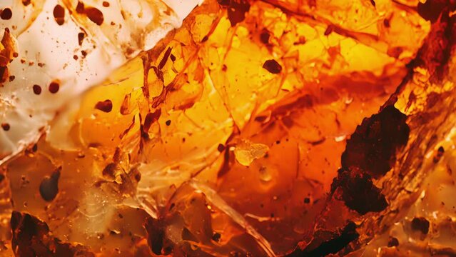 A microscope view of a thin section of fossilized amber with scientists using trace element ysis to determine the age of the amber and any fossils contained within it.