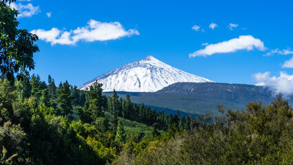 The peak Del Teide snow-capped with a blue sky and few white clouds. Tenerife, Canary Islands, Spain. - 726379548