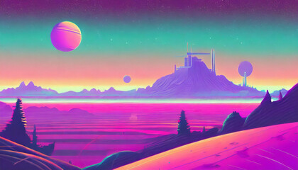 Fototapeta na wymiar Vaporwave Mars landscape, Vintage style illustration.Purple violet pink art cartoon colors retro style.