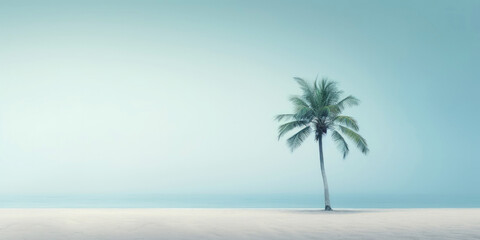 Fototapeta premium One lonely palm tree on a white beach. Calm sae with mist. Tranquil seashore landcsape. Generative AI