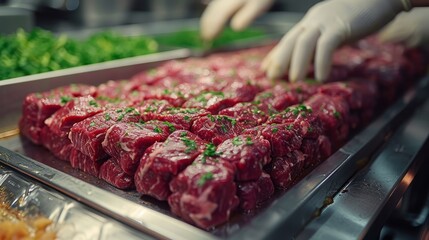 Switch to the scene of the beef processing plant, the workers carefully select the fine beef, and skillfully cut and handle it without carelessness.  - obrazy, fototapety, plakaty