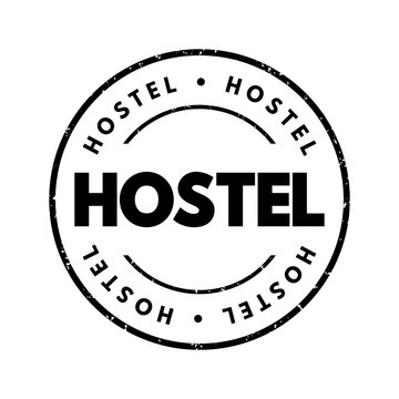 Hostel - low-cost, short-term shared sociable lodging where guests can rent a bed, text concept stamp