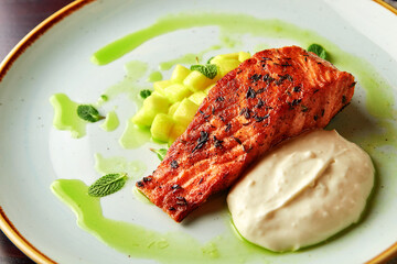 Grilled Salmon Fillet with Apples and Mint Sauce.