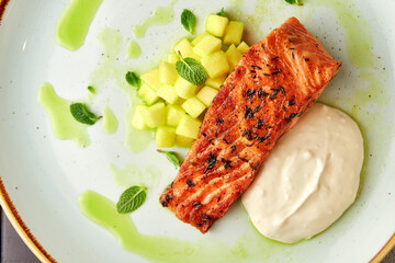 Griled Salmon with Apple Garnish and Mint Sauce. - 726380187